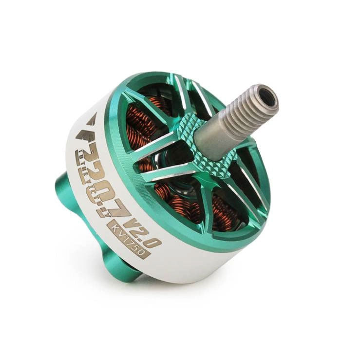 Angled side view of the T‑Motor V2207 V2.0 1750KV brushless motor showing logo and stator