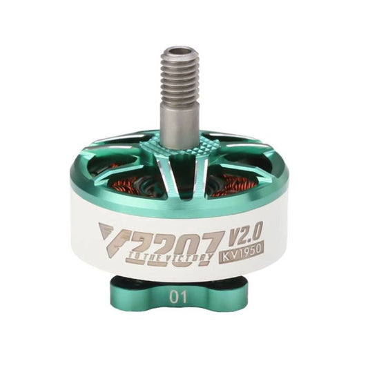 Front view of T‑Motor V2207 V2.0 1750KV FPV motor in white and cyan finish