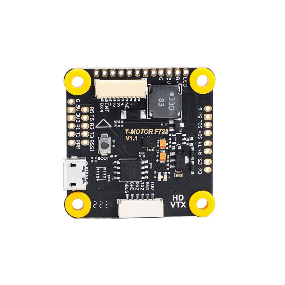 Bottom view of T-Motor F7 HD Flight Controller with solder pads