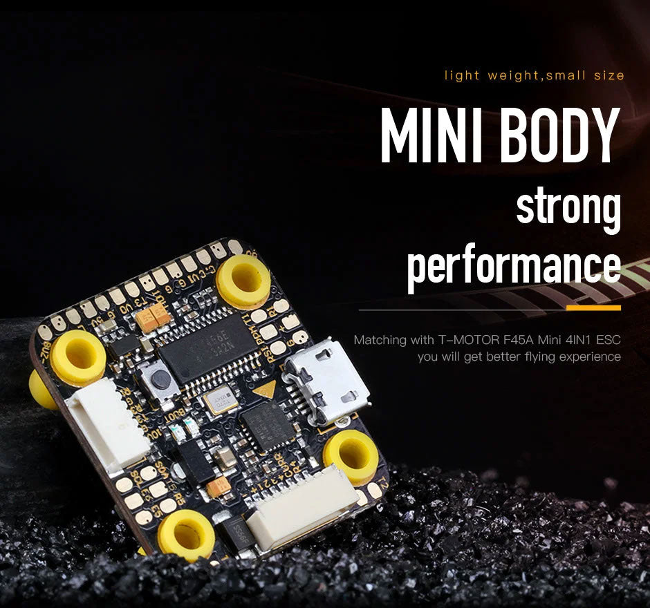 Mini Flight Controller on Digital Grid Background with Performance Text