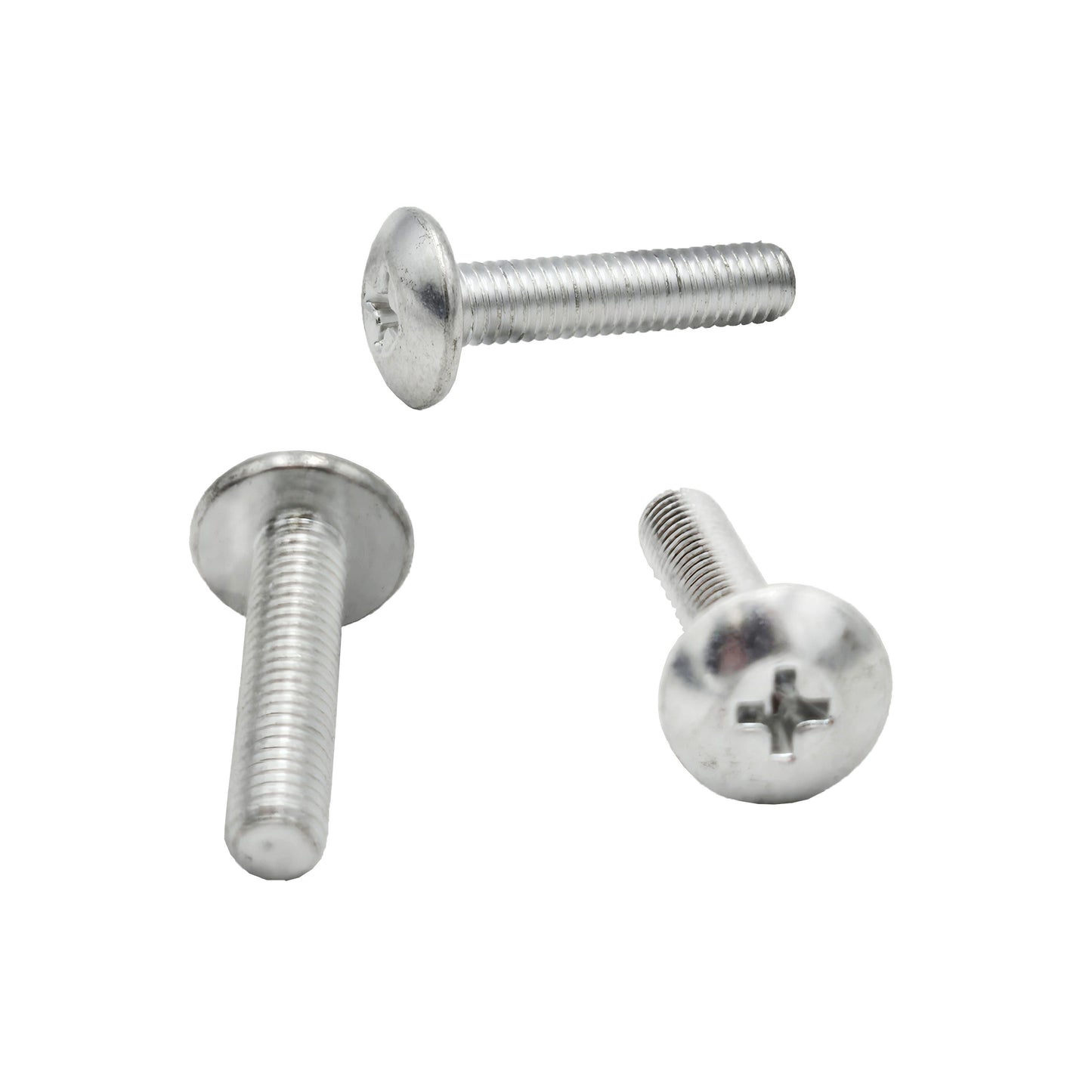 AN526-1032R14 Truss Head Aircraft Steel Screws with Phillips drive shown on white background, three silver machine screws with fully threaded shanks and rounded heads