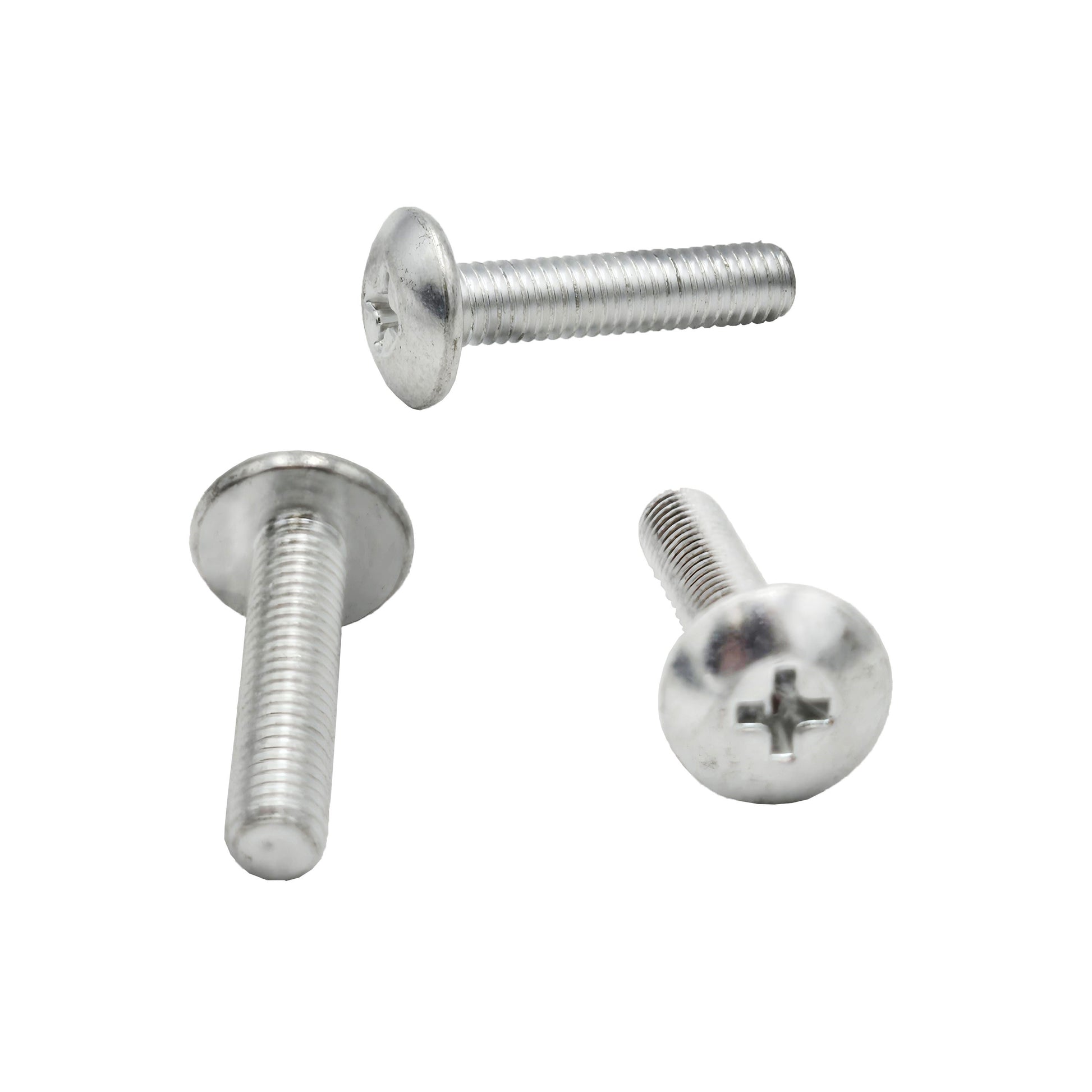 AN526-1032R14 Truss Head Aircraft Steel Screws with Phillips drive shown on white background, three silver machine screws with fully threaded shanks and rounded heads