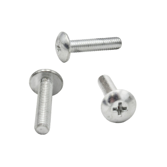AN526-1032R14 Truss Head Aircraft Steel Screws with Phillips drive shown on white background, three silver machine screws with fully threaded shanks and rounded heads