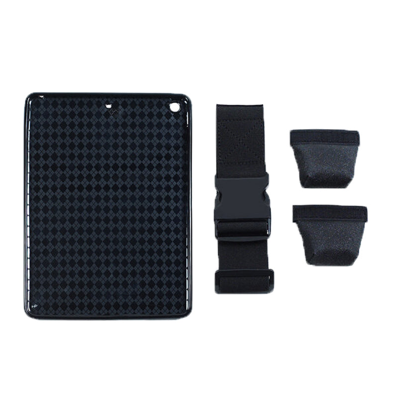 AppStrap® iPad Air® Kneeboard components laid flat including gel case, leg strap, and tilt pad