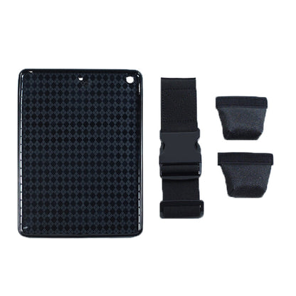 AppStrap® iPad Air® Kneeboard components laid flat including gel case, leg strap, and tilt pad