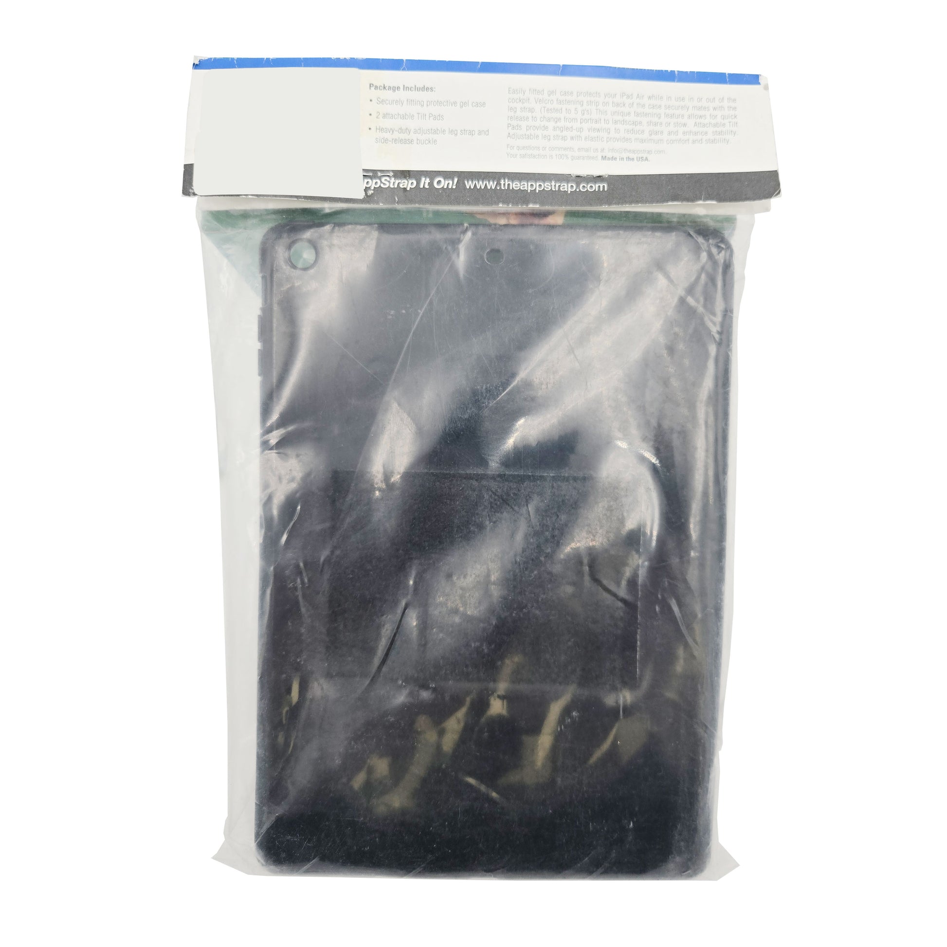 AppStrap iPad Air Kneeboard – Back View in Packaging Showing Usage Instructions and Features