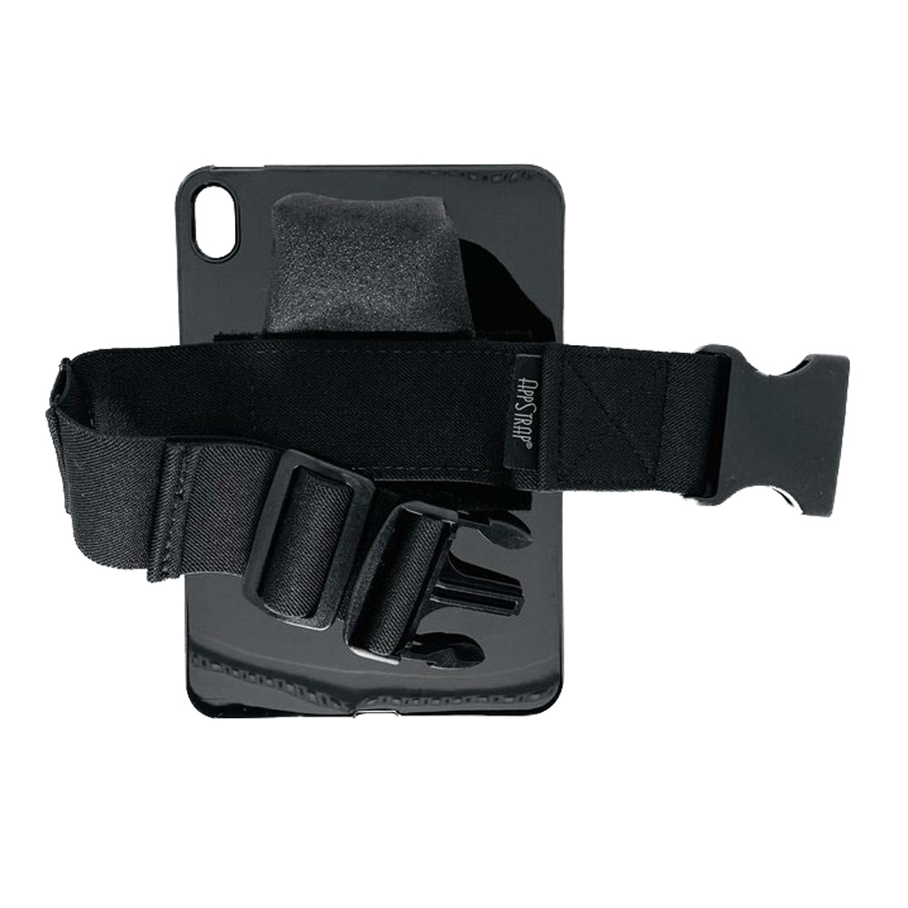 Back view of fully assembled AppStrap® iPad Mini® Gen 6 Kneeboard with clip open