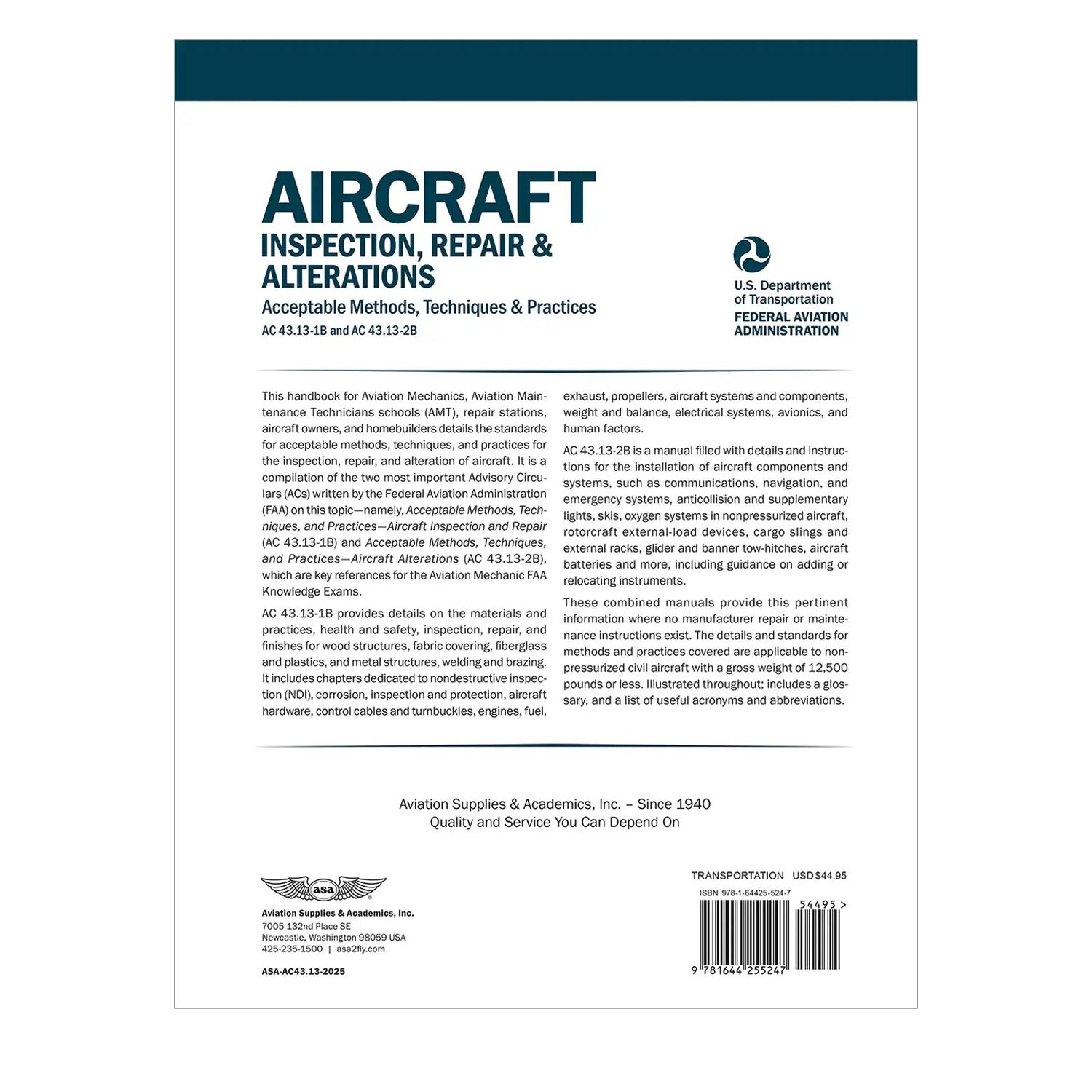 ASA AC43.13-2025 Aircraft Inspection Manual – Softcover Back Cover