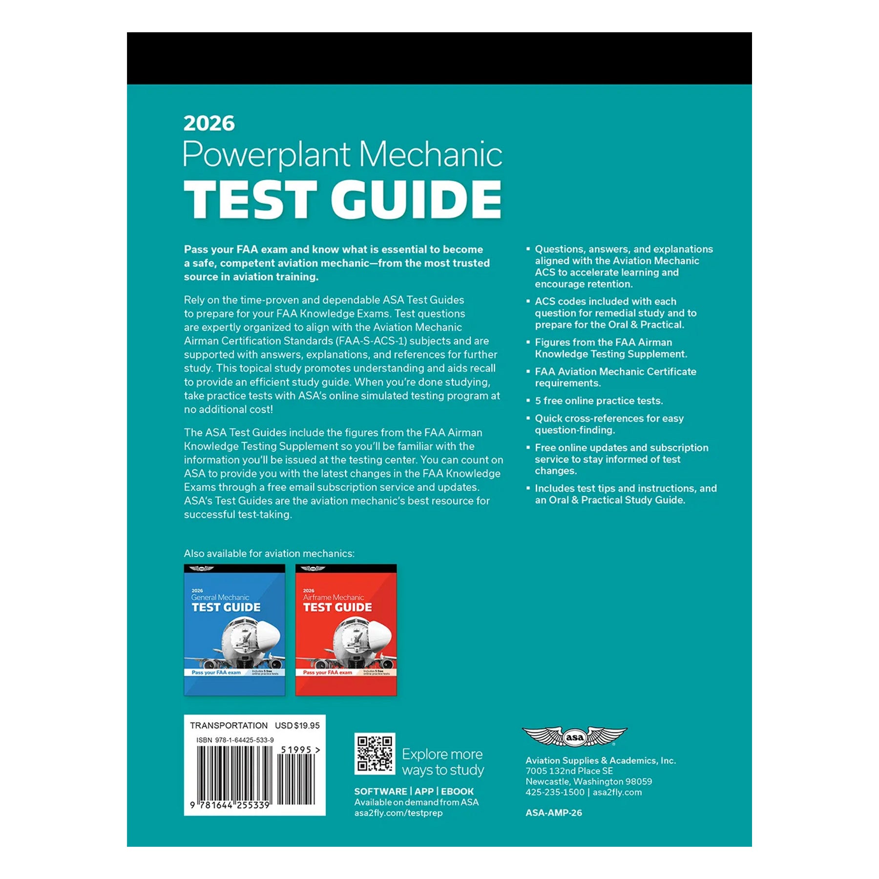Back Cover of ASA 2026 Powerplant Test Guide – Softcover Edition