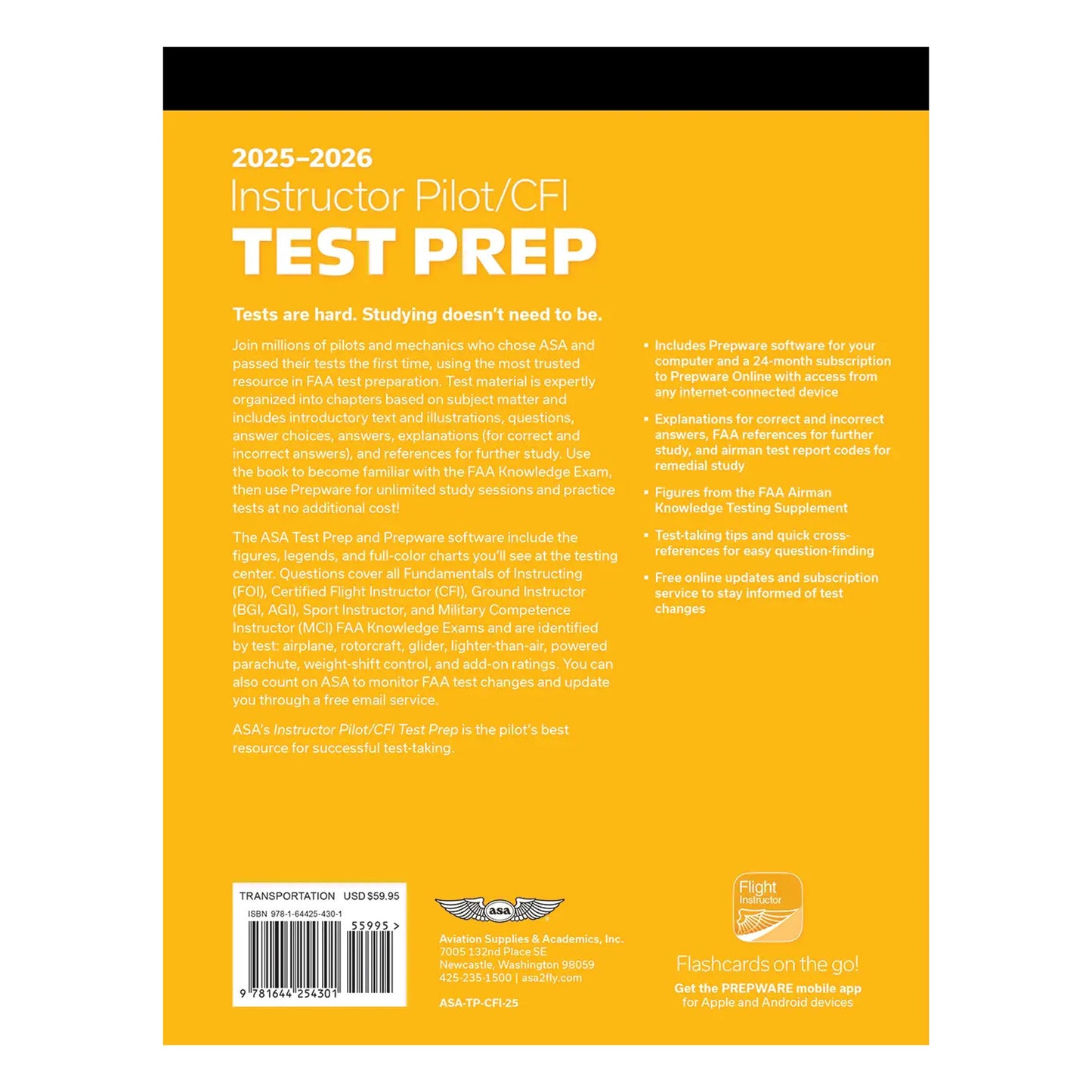 Back cover of ASA 2025 Instructor Pilot/CFI Test Prep with Prepware