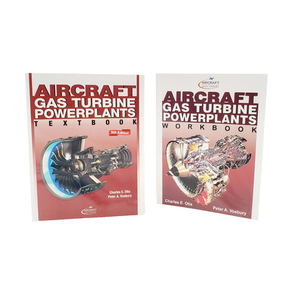 Aircraft Gas Turbine Powerplants textbook and workbook set by Charles E. Otis and Peter A. Vosbury shown side-by-side with turbine engine cover artwork