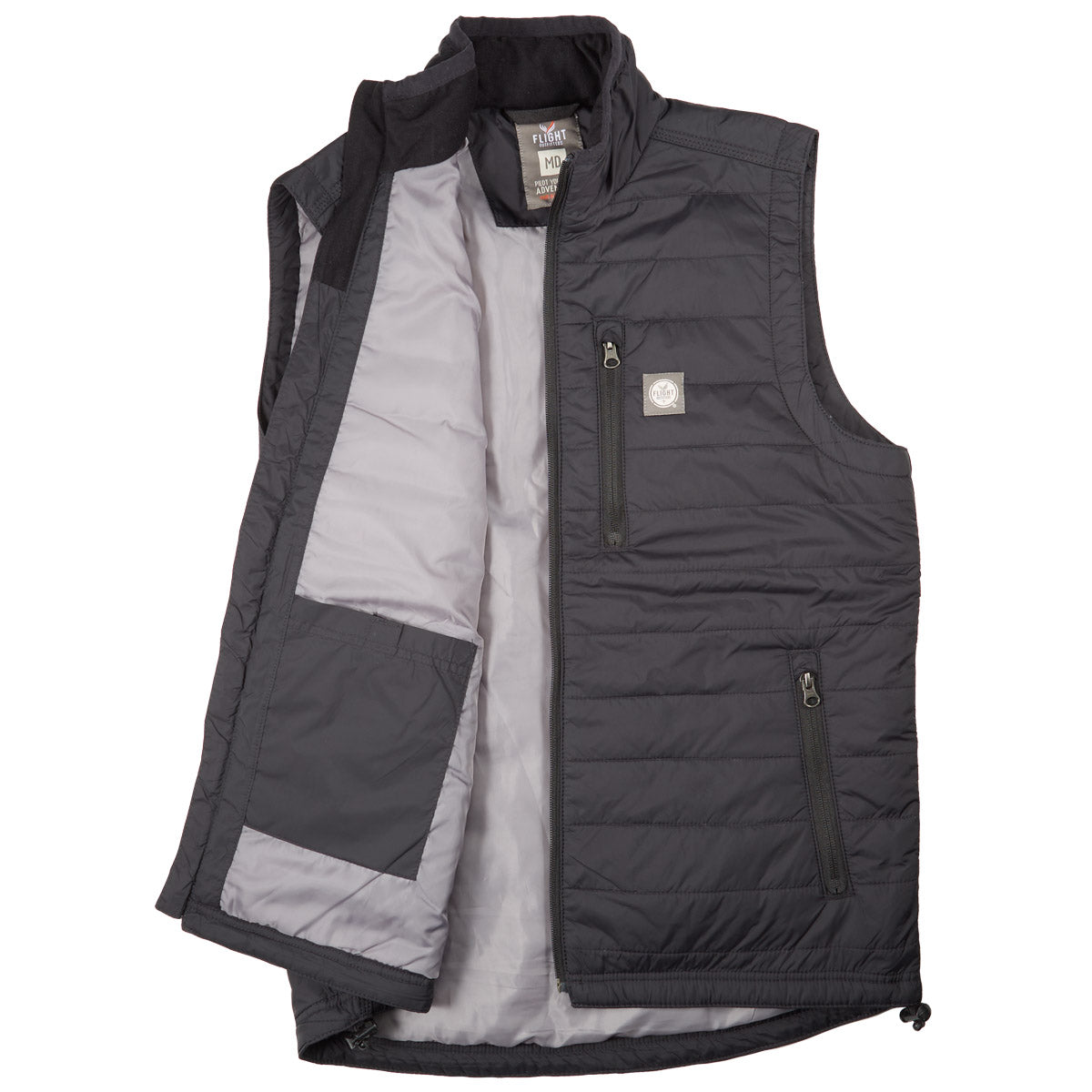 Flight Outfitters Insulated Airfoil Vest with right side open showing interior