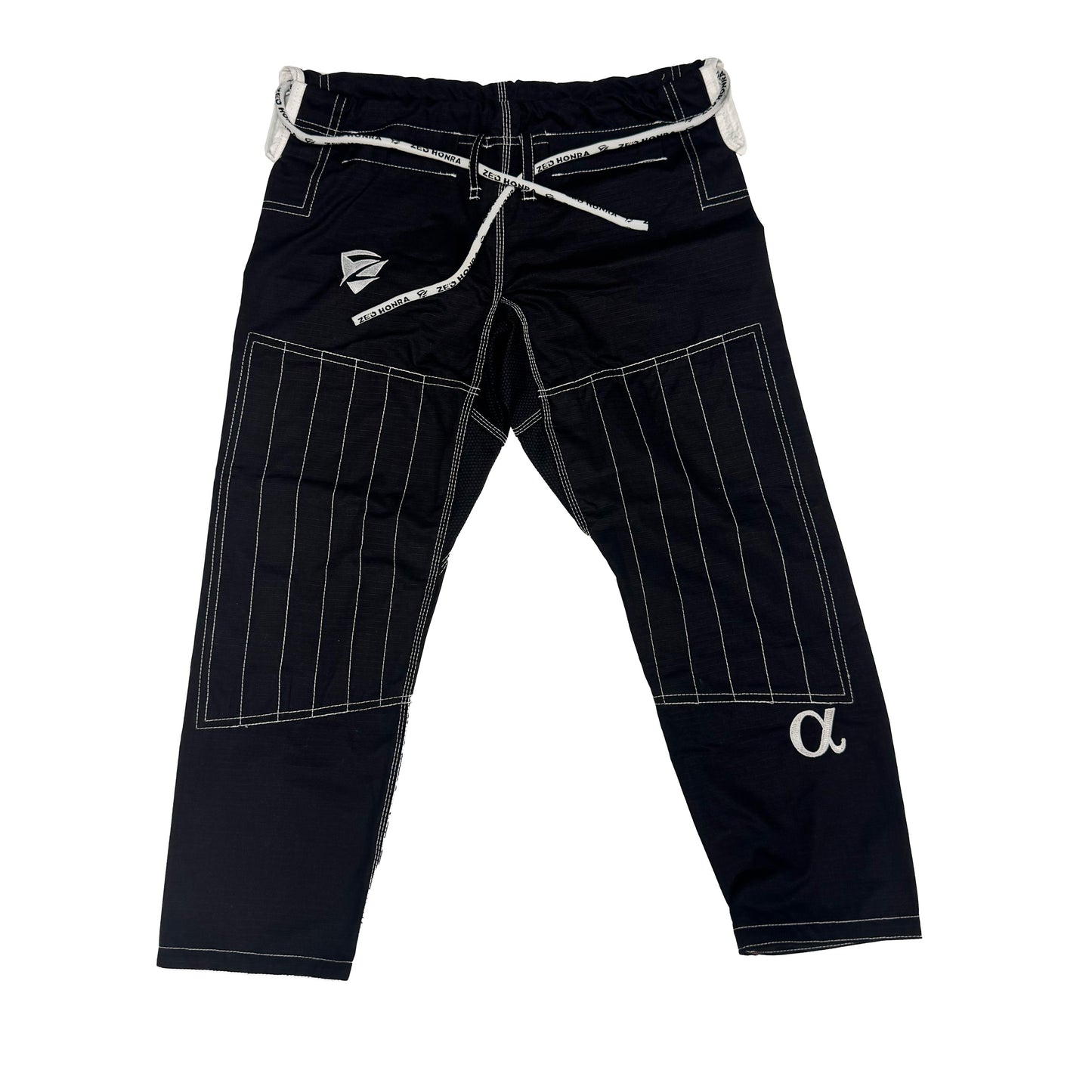Black pants with white stitching on a white background