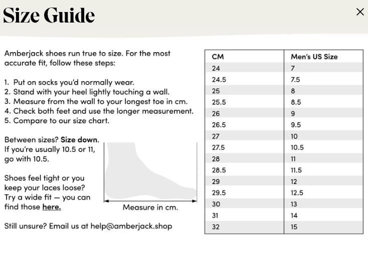 Amberjack Shoes Sizing Guide