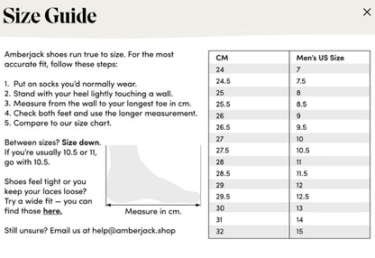 Amberjack Shoes Sizing Guide