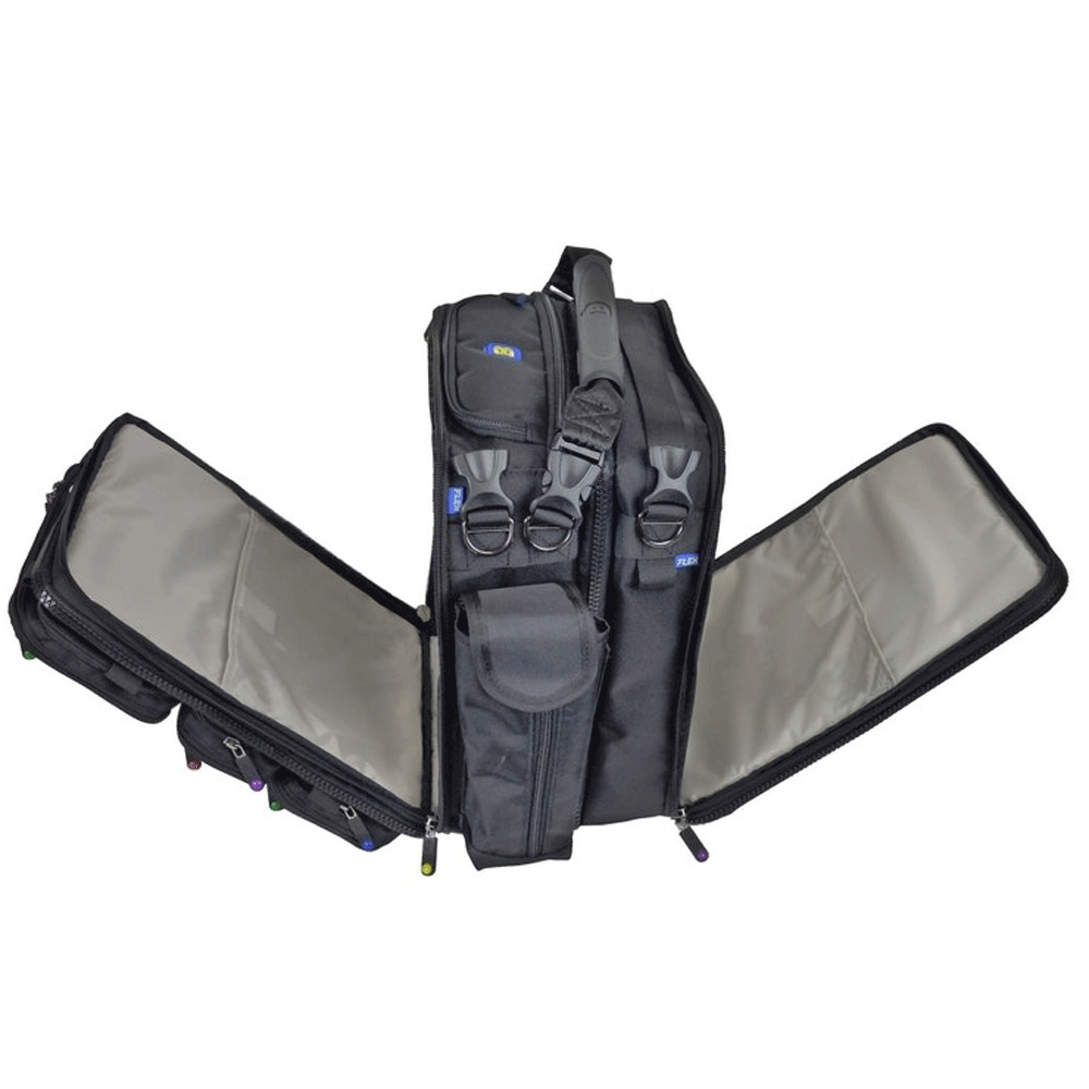 BrightLine B7 Flight bag opened from both sides to display organized compartments