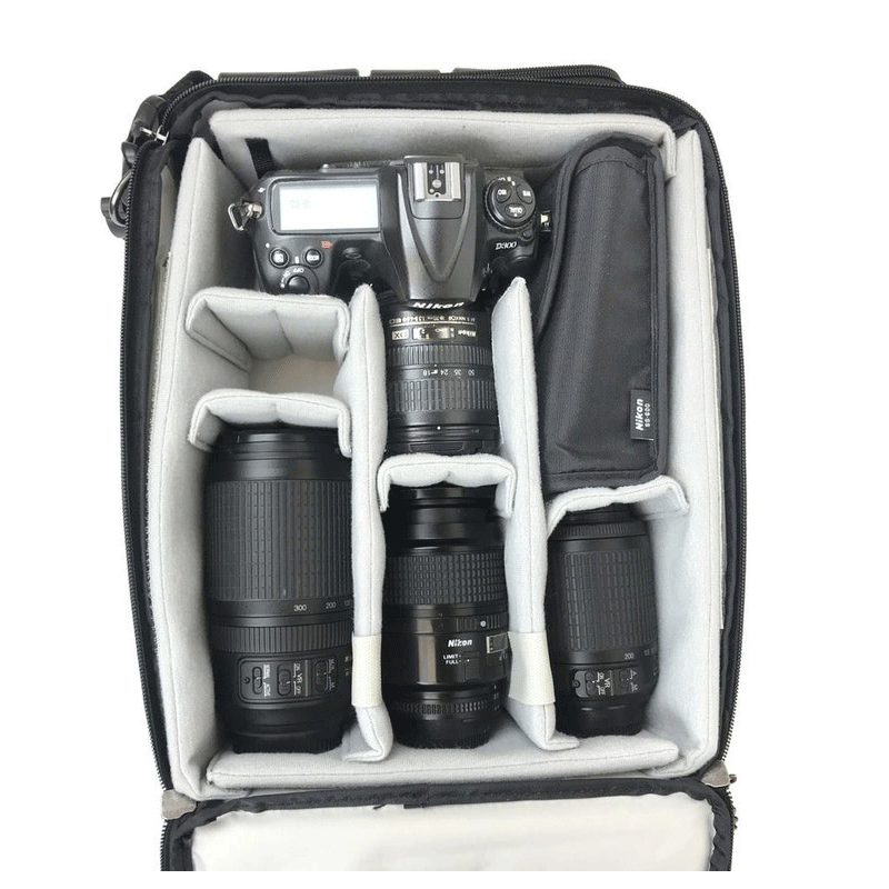 Padded camera bag insert designed to organize and protect DSLR cameras and lenses.