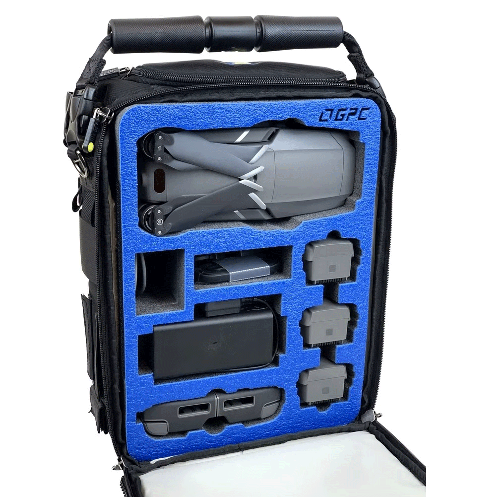 DJI Mavic 2 drone with remote controller, batteries, and accessories stored in custom foam case insert.