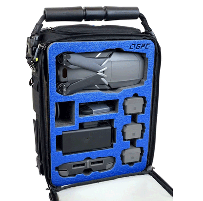 DJI Mavic 2 drone with remote controller, batteries, and accessories stored in custom foam case insert.