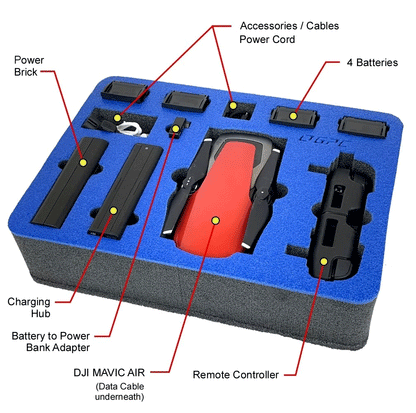 Foam insert for securely storing and transporting DJI Mavic Air drone and accessories