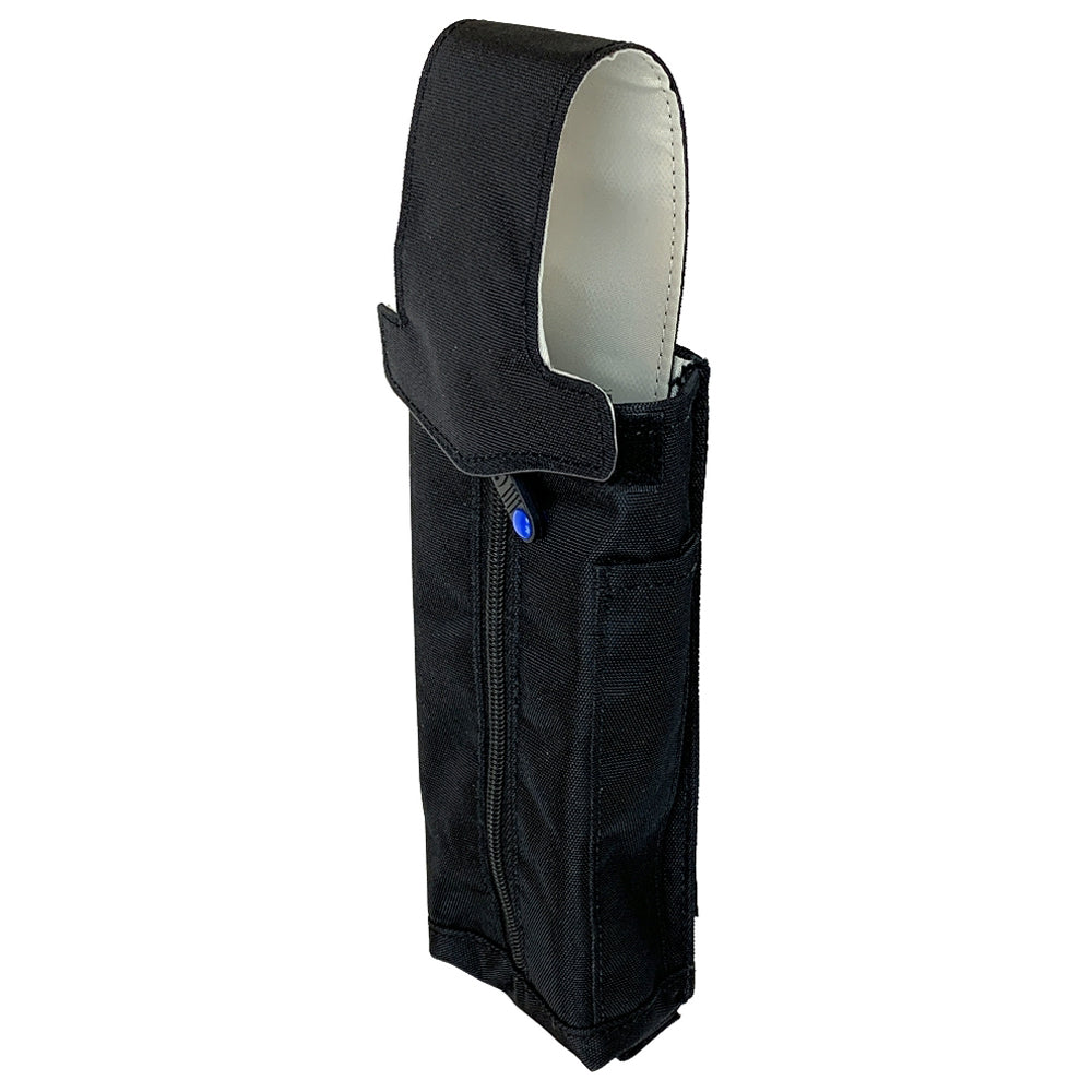 BrightLine Bags FLEX Side Pocket Alpha cover flap adjusted to hold taller bottles or radios