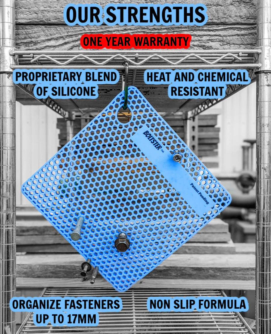 Blue Boltster Original Bolt Organizer displayed hanging on a shelf, highlighting key features like silicone construction, heat resistance, and non-slip design.