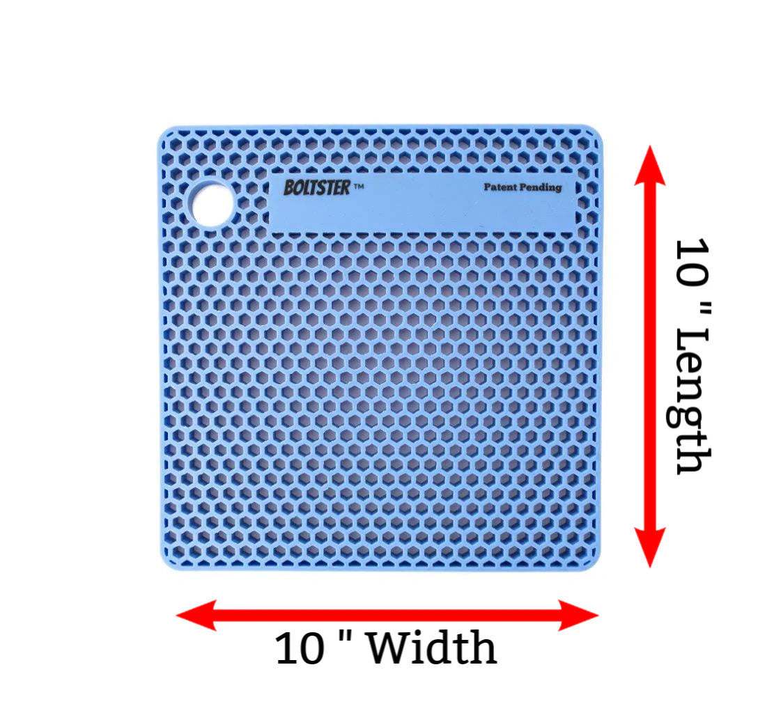 Blue Boltster bolt organizer showing 10”x10” dimensions with honeycomb grid and labeling pad