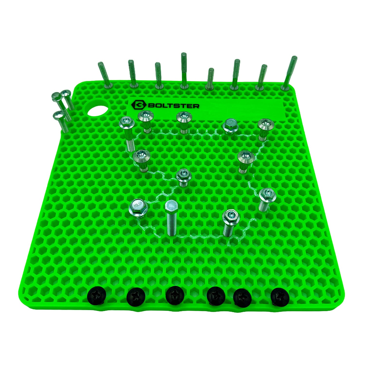 Original Boltster in green silicone fastener organizer with labeled bolt pattern layout