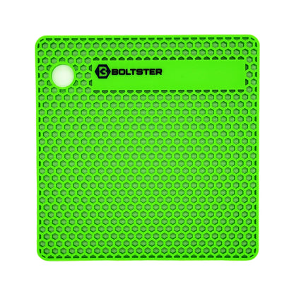 Green Boltster bolt organizer mat with honeycomb layout and labeling area