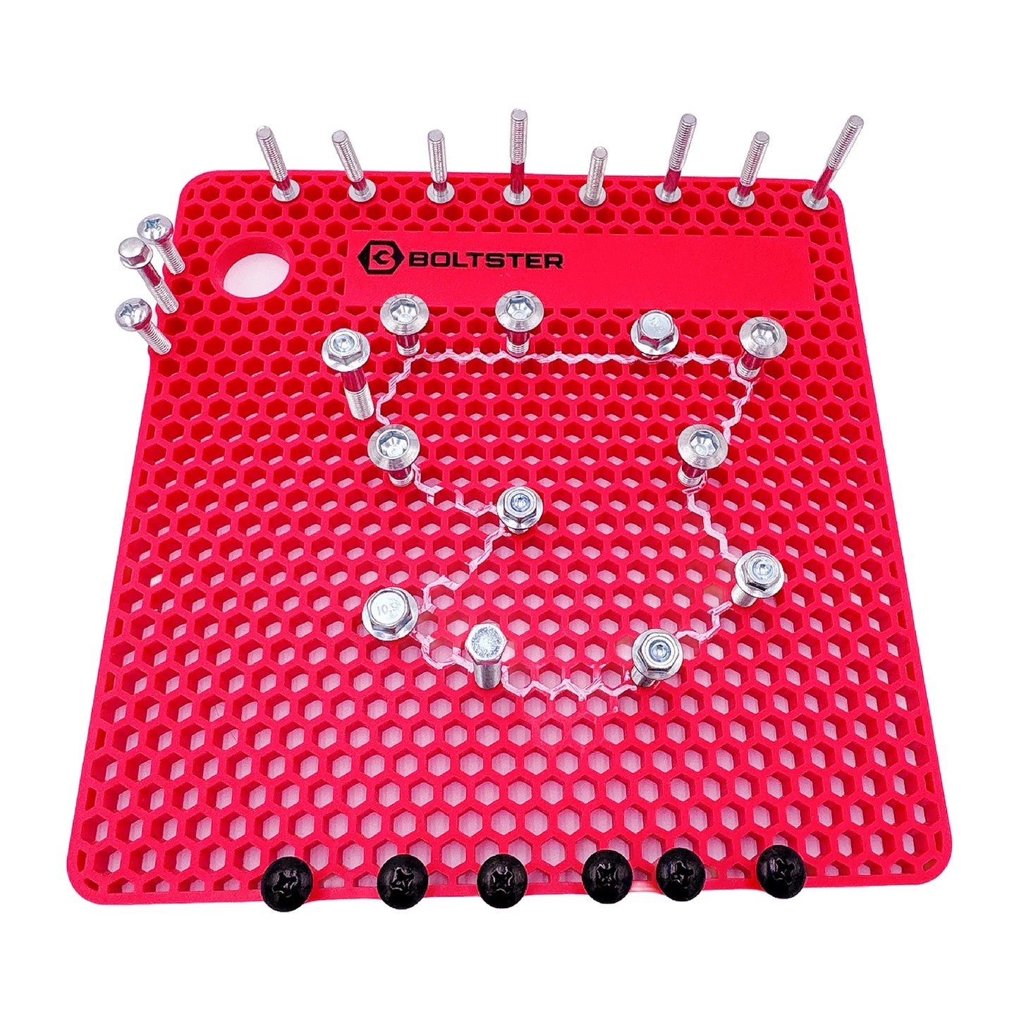 Original Boltster in red silicone fastener organizer with labeled bolt pattern layout