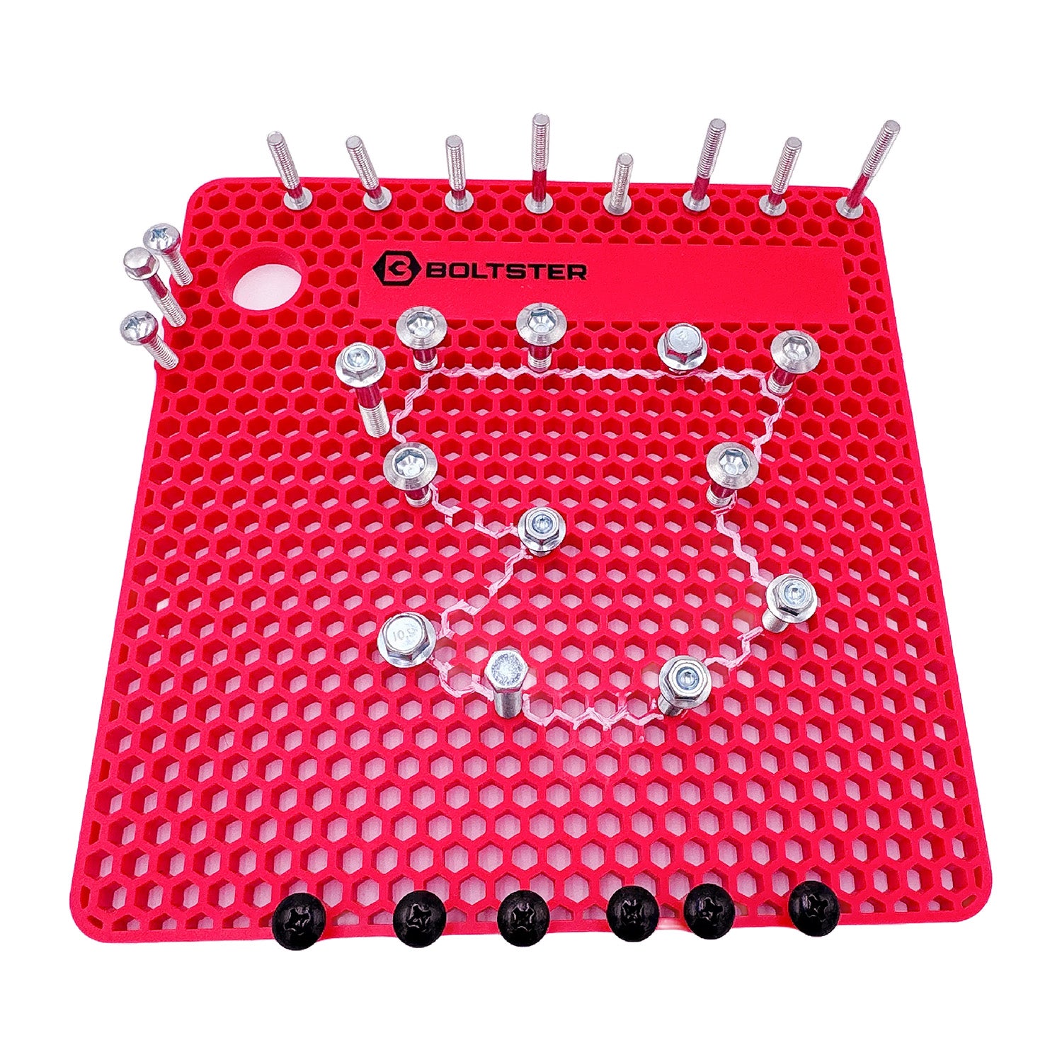 Original Boltster in red silicone fastener organizer with labeled bolt pattern layout
