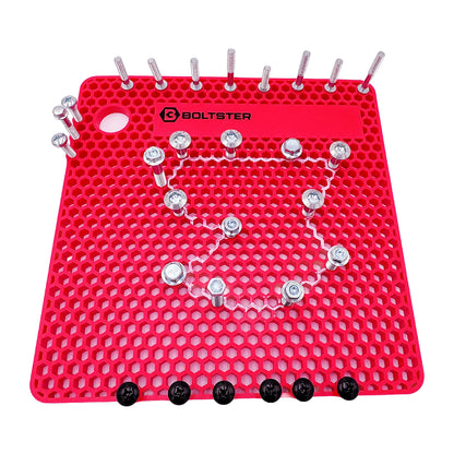 Original Boltster in red silicone fastener organizer with labeled bolt pattern layout