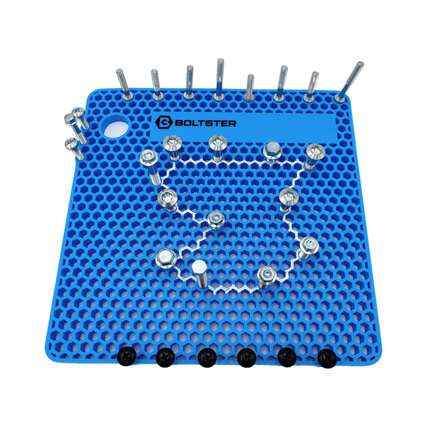 Original Boltster silicone fastener organizer with labeled bolt pattern layout