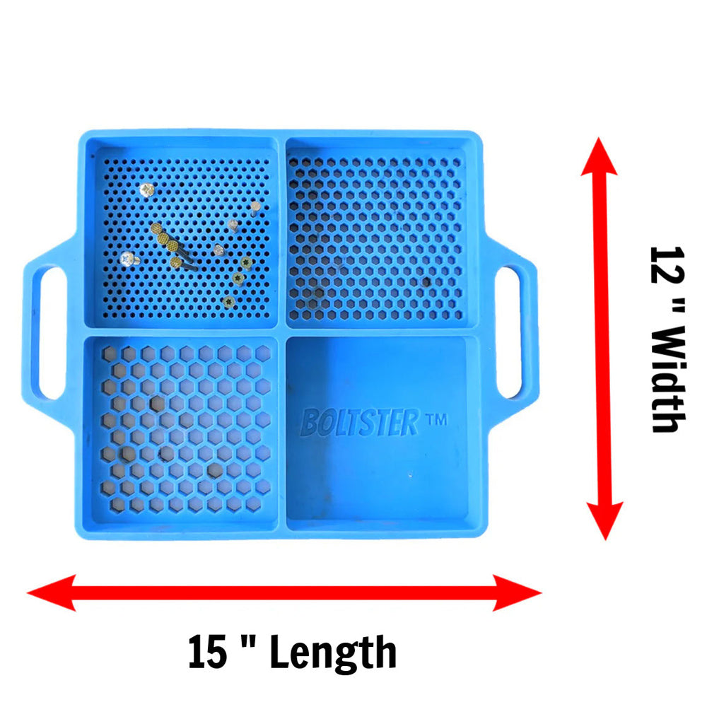 Top-down view of the Boltster™ Flexible Organizing Tray with labeled dimensions: 15-inch length by 12-inch width