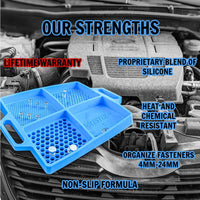Boltster™ Flexible Organizing Tray displayed on an engine with labeled features highlighting silicone material, fastener capacity, and warranty benefits