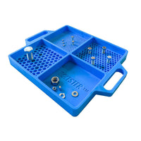 Blue Boltster™ Flexible Organizing Tray angled view with bolts, nuts, and fasteners in four silicone compartments