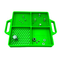 Boltster™ Flexible Organizing Tray with bolts and fasteners in green silicone compartments