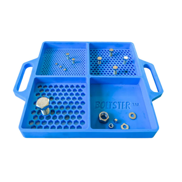 Boltster™ Flexible Organizing Tray with bolts and fasteners in blue silicone compartments