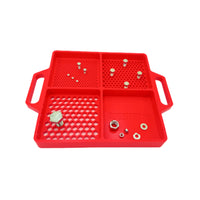 Boltster™ Flexible Organizing Tray with bolts and fasteners in red silicone compartments
