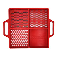 Boltster™ Flexible Organizing Tray in red silicone with four fastener compartments and dual side handles