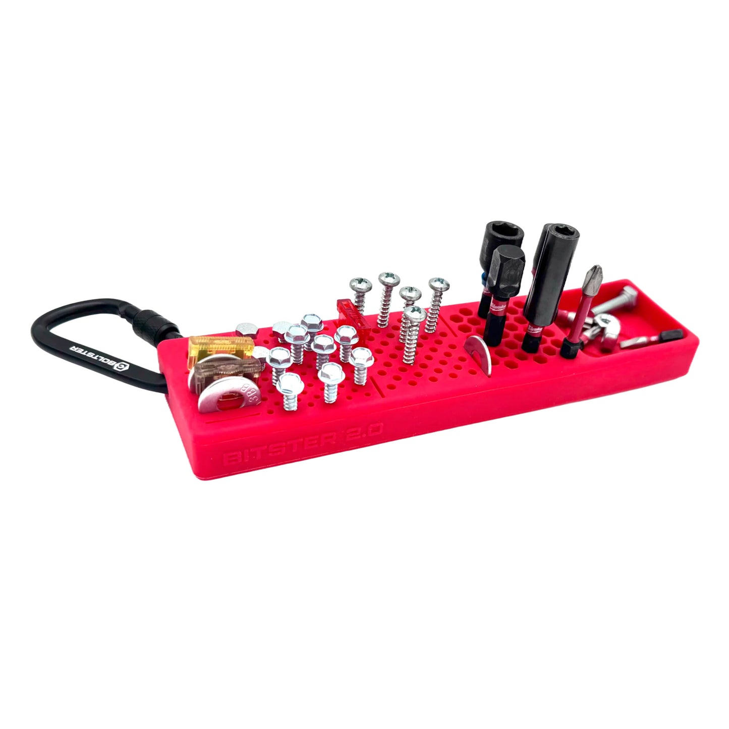 Red Boltster Bitster 2.0 silicone organizer for bits, screws, and fuses, featuring a belt clip and magnetic base.