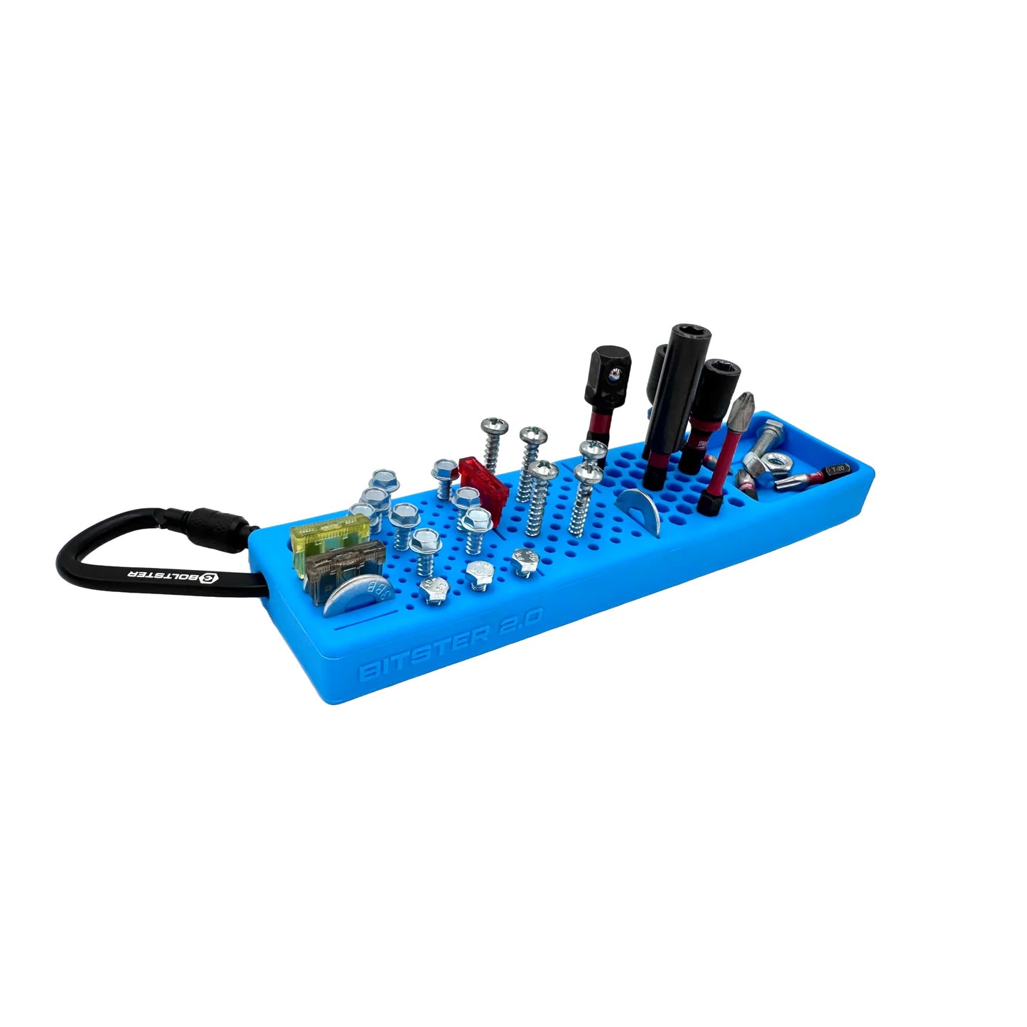 Blue Boltster Bitster 2.0 silicone organizer for bits, screws, and fuses, featuring a belt clip and magnetic base.