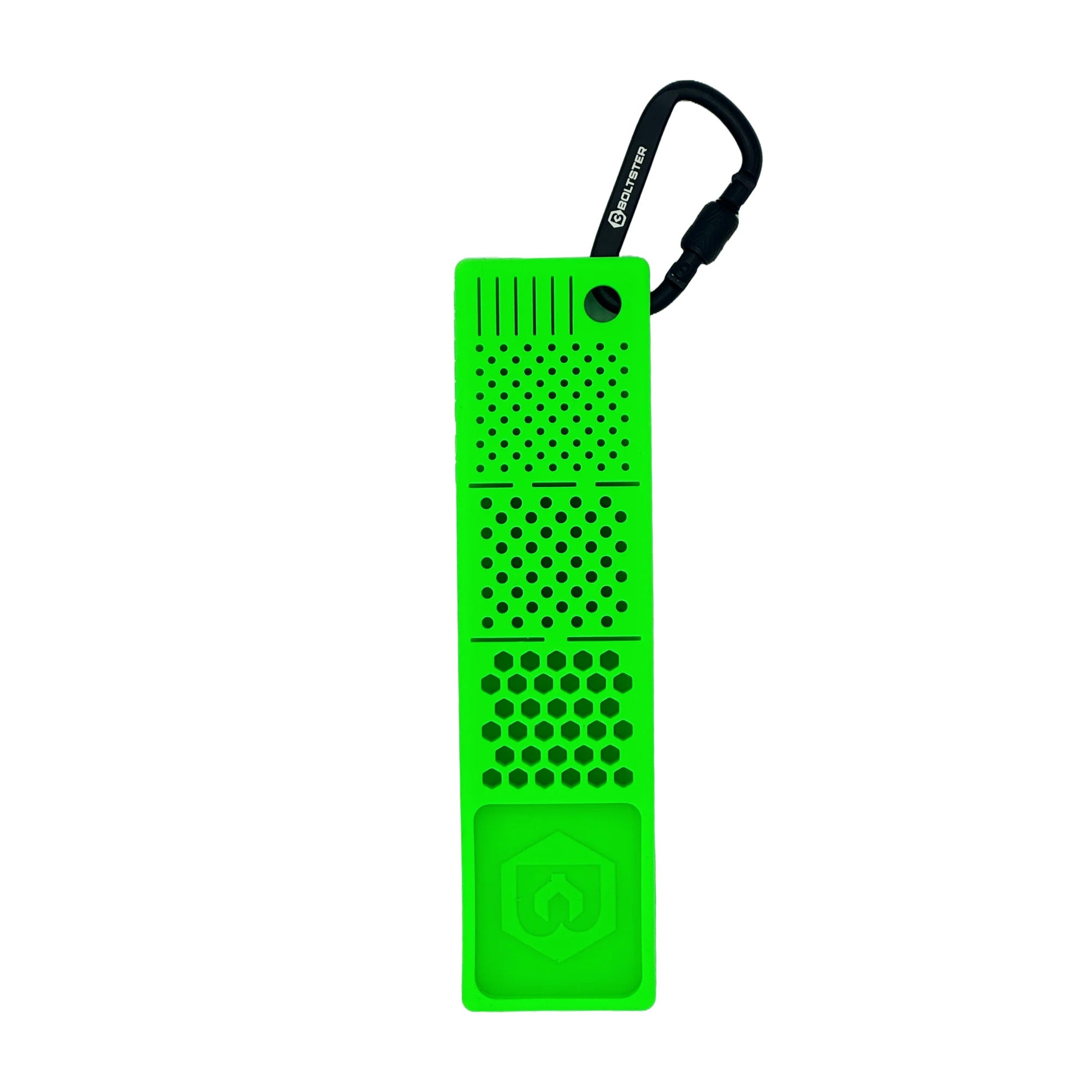 Bitster 2.0 green silicone magnetic organizer with carabiner clip, featuring multi-pattern bit and fastener storage zones.