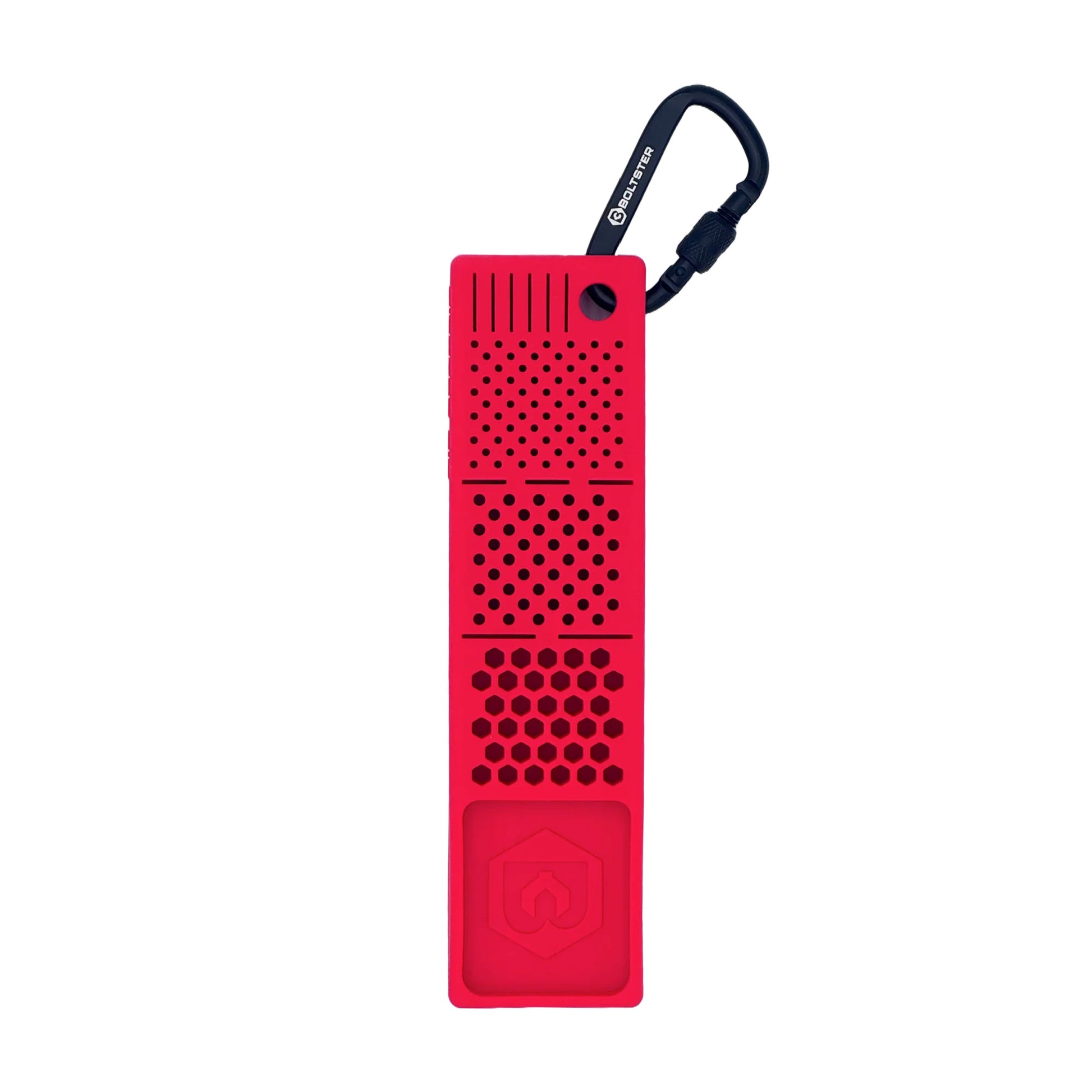 Bitster 2.0 red silicone magnetic organizer with carabiner clip, featuring multi-pattern bit and fastener storage zones.