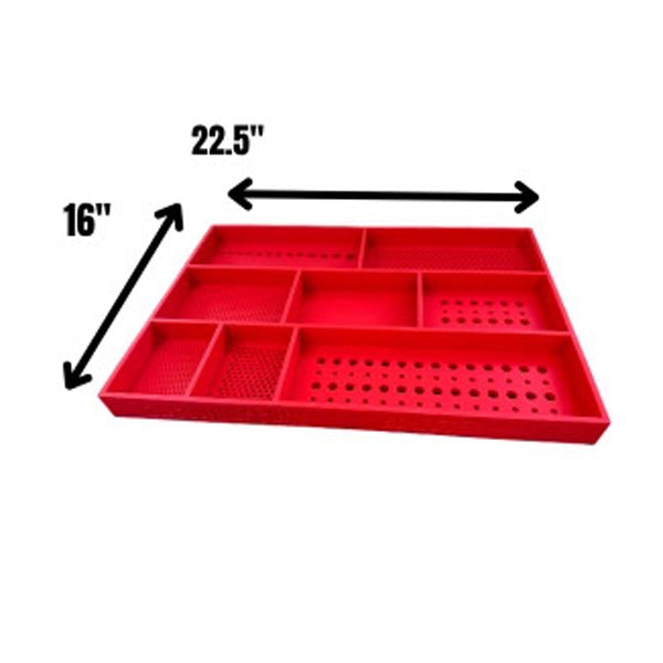 Boltster™ Top Box Tool Tray in red with labeled dimensions of 22.5 inches by 16 inches, showing compartment layout
