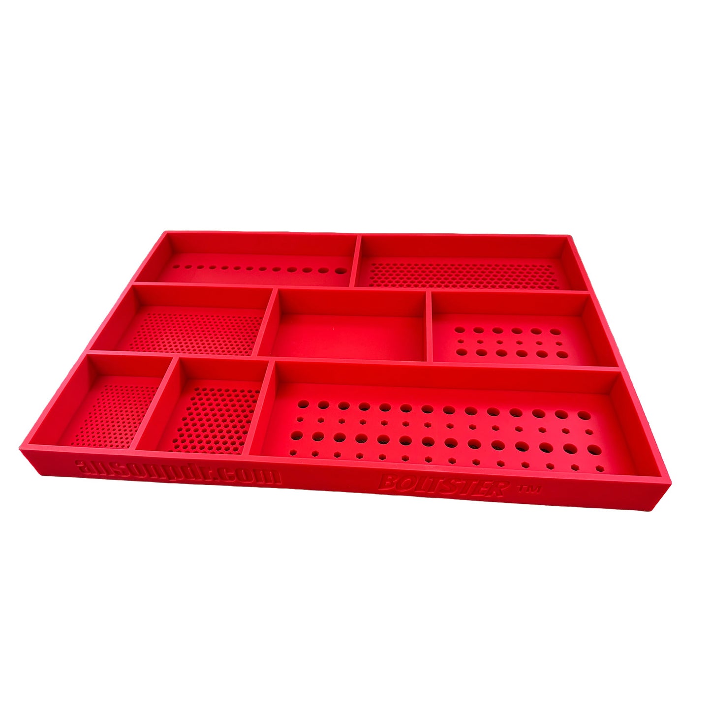 Boltster™ Top Box Tool Tray in red silicone with five hole patterns, linear fastener rows, and a central catch-all section