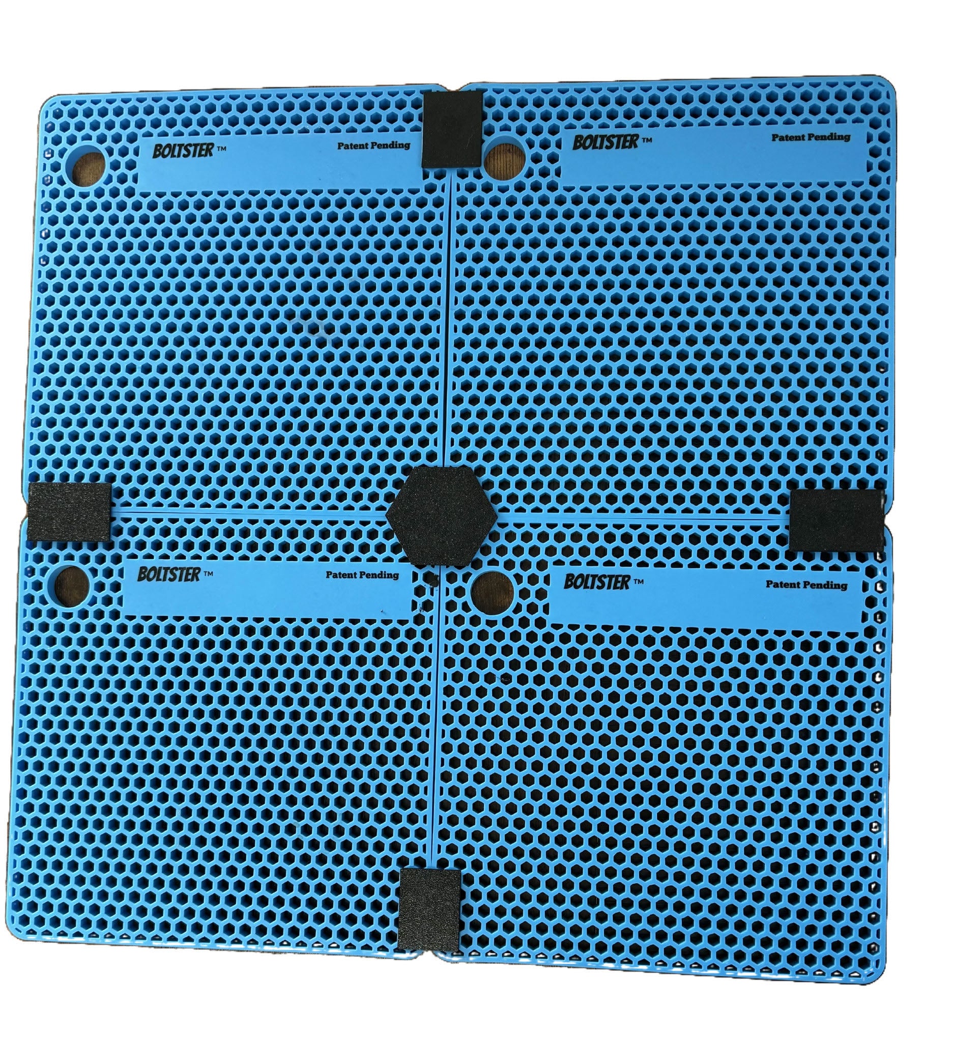 Boltster™ Modular System connecting four blue Boltster™ trays into one large, unified fastener organizer layout