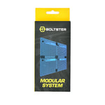 Retail packaging of the Boltster™ Modular System showing configuration for connecting four organizers