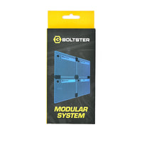 Retail packaging of the Boltster™ Modular System showing configuration for connecting four organizers