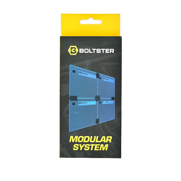 Retail packaging of the Boltster™ Modular System showing configuration for connecting four organizers